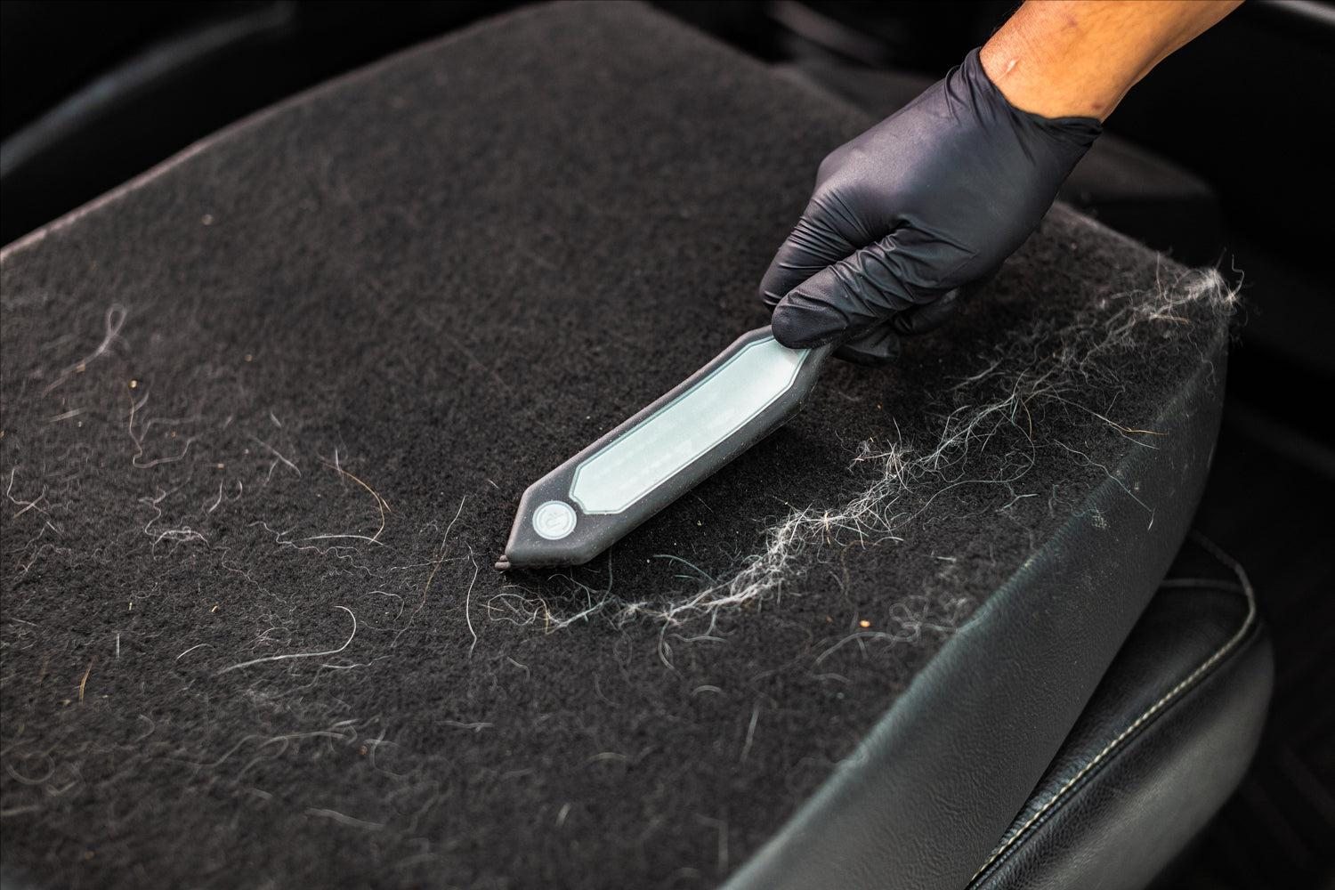 Pet hair being lifted from a vehicle carpet with a detailing tool
