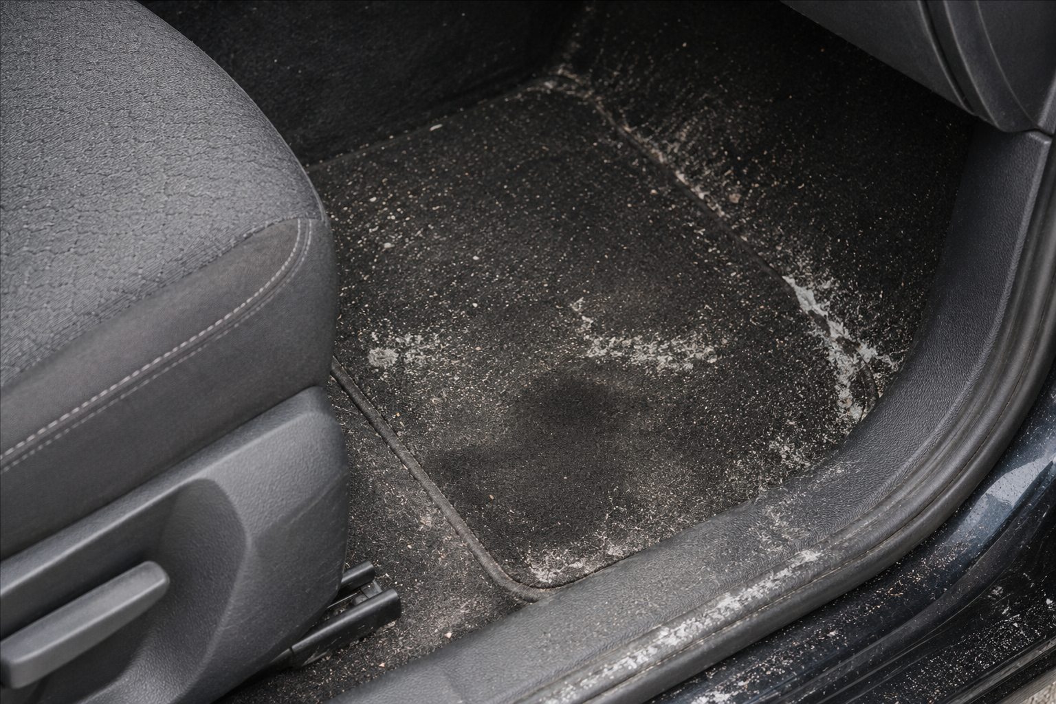 Winter salt residue across a dark vehicle footwell