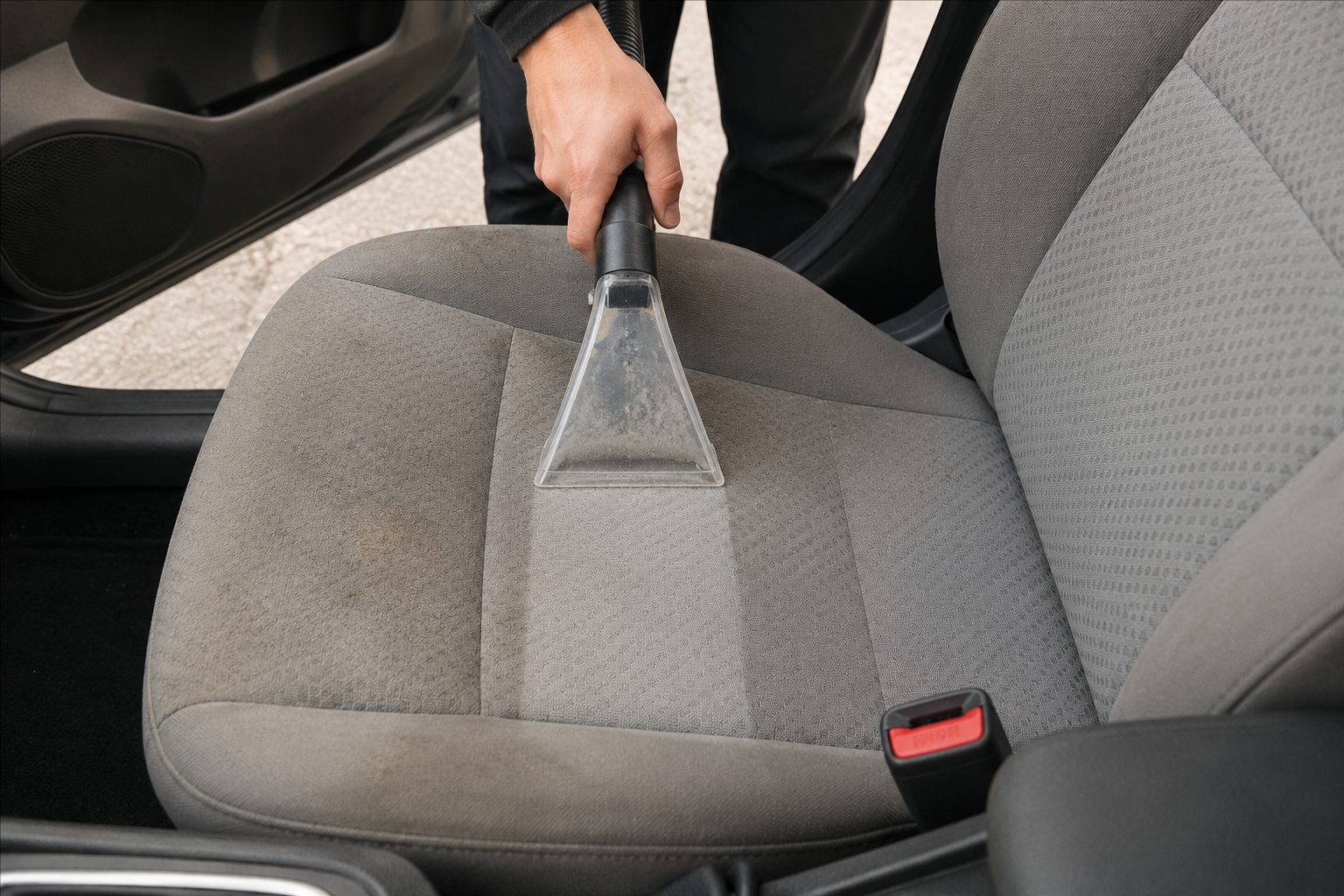 An extractor cleaning a fabric vehicle seat
